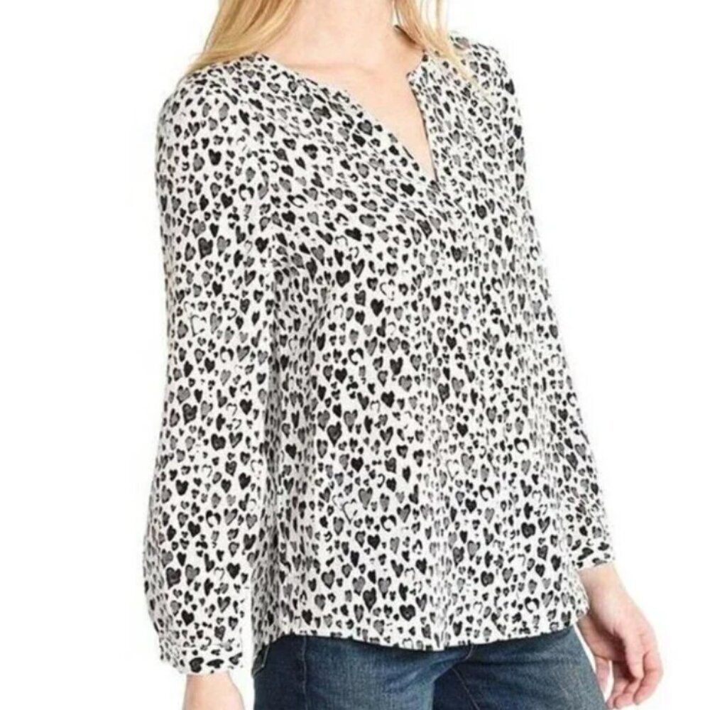 Joie Silk Blouse Womens White V Neck Long Sleeve Black Purine Hearts Long Sleeve
